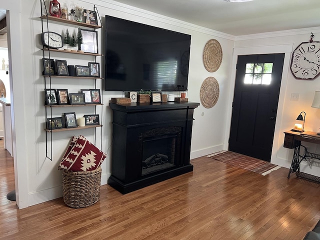 806 N Elizabeth St, Clinton, IL 61727 - entryway featuring wood finished floors, ornamental molding, baseboards, and a fireplace