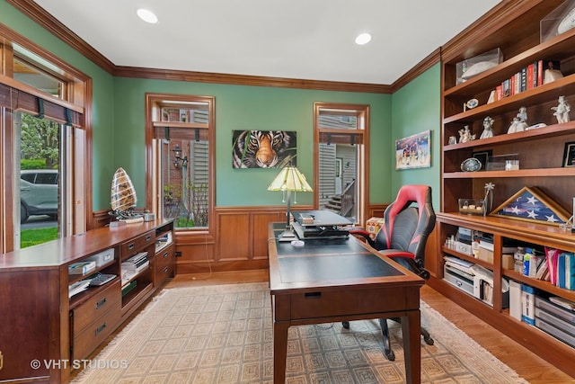 21819 W Riviera Ct, Mundelein, IL 60060 - office with light wood-type flooring, a wainscoted wall, crown molding, and recessed lighting