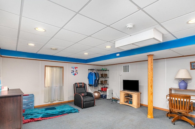 2715 Lahinch Dr, Aurora, IL 60503 - carpeted living area featuring a drop ceiling, radiator heating unit, and recessed lighting