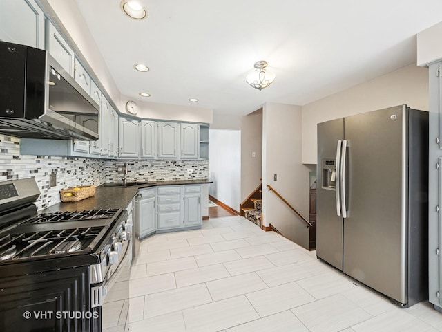 2136 N Westmoreland Dr, Palatine, IL 60074 - kitchen featuring appliances with stainless steel finishes, dark countertops, decorative backsplash, gray cabinetry, and recessed lighting