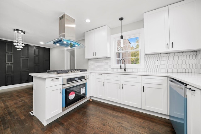 9012 S Harper Ave, Chicago, IL 60619 - kitchen featuring appliances with stainless steel finishes, island exhaust hood, a sink, a peninsula, and dark wood-type flooring