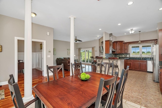 16002 S Stonewall Dr, Newark, IL 60541 - dining space featuring ornate columns, ceiling fan, and recessed lighting