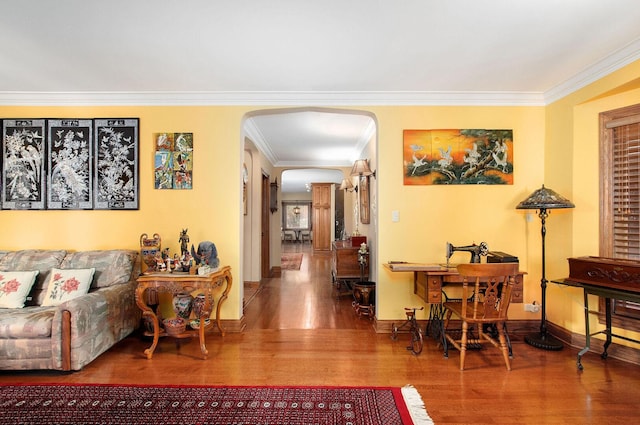 1902 N 77th Ct, Elmwood Park, IL 60707 - living room with arched walkways, wood finished floors, and crown molding