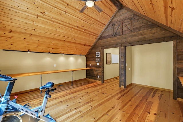 2804 E Concord Rd, Urbana, IL 61802 - exercise area featuring wooden walls, wood ceiling, hardwood / wood-style floors, vaulted ceiling, and ceiling fan