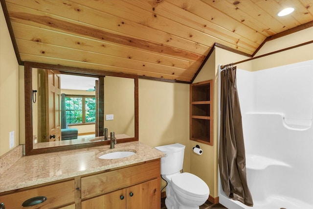 2804 E Concord Rd, Urbana, IL 61802 - bathroom with lofted ceiling, wooden ceiling, vanity, and a shower with shower curtain