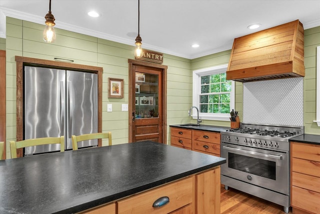 2804 E Concord Rd, Urbana, IL 61802 - kitchen with appliances with stainless steel finishes, custom exhaust hood, ornamental molding, dark countertops, and light wood-style floors