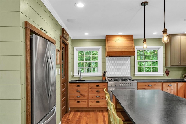 2804 E Concord Rd, Urbana, IL 61802 - kitchen with appliances with stainless steel finishes, ornamental molding, custom range hood, dark countertops, and light wood-type flooring