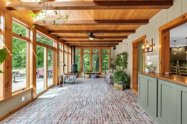 2804 E Concord Rd, Urbana, IL 61802 - unfurnished sunroom featuring plenty of natural light, a wood ceiling with exposed beams, brick floors, and wood walls