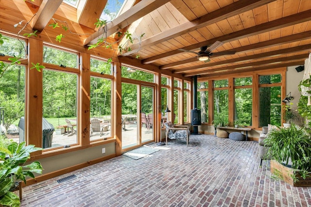 2804 E Concord Rd, Urbana, IL 61802 - unfurnished sunroom featuring plenty of natural light, a skylight, and a wooden ceiling with exposed beams