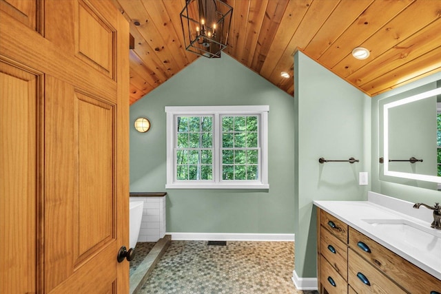 2804 E Concord Rd, Urbana, IL 61802 - full bathroom featuring vanity, lofted ceiling, wood ceiling, and a tub