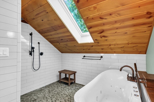 2804 E Concord Rd, Urbana, IL 61802 - full bath with wood ceiling, a jetted tub, vaulted ceiling, tiled shower, and a skylight