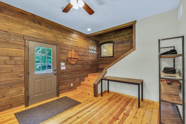 2804 E Concord Rd, Urbana, IL 61802 - entryway featuring wood walls, stairs, a ceiling fan, light wood-type flooring, and recessed lighting