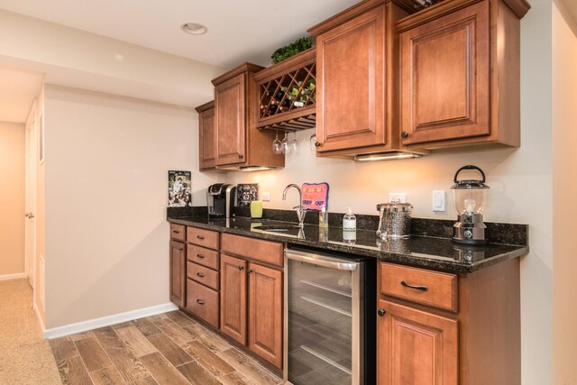 9215 Waterfall Glen Blvd, Darien, IL 60561 - indoor wet bar featuring wine cooler, wood finished floors, baseboards, and recessed lighting