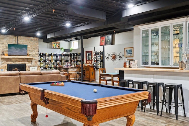 1424 Glencoe Ave, Highland Park, IL 60035 - recreation room with a dry bar, wood finished floors, a stone fireplace, and billiards table