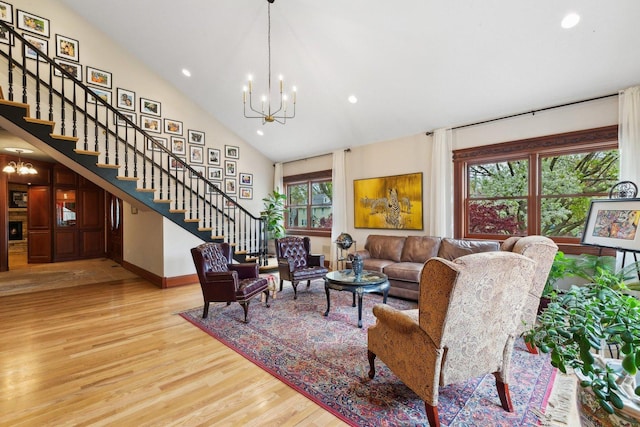 1424 Glencoe Ave, Highland Park, IL 60035 - living area with a chandelier, recessed lighting, wood finished floors, stairway, and baseboards