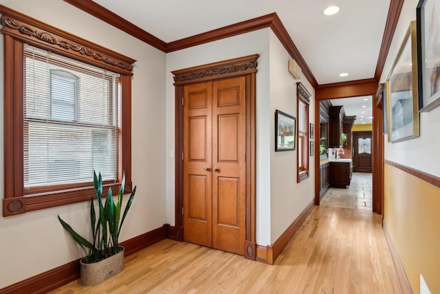 1424 Glencoe Ave, Highland Park, IL 60035 - corridor featuring light wood-style flooring, ornamental molding, baseboards, and recessed lighting