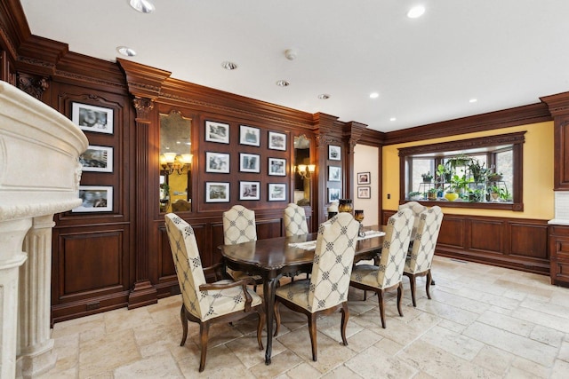 1424 Glencoe Ave, Highland Park, IL 60035 - dining area with stone tile floors, recessed lighting, and crown molding