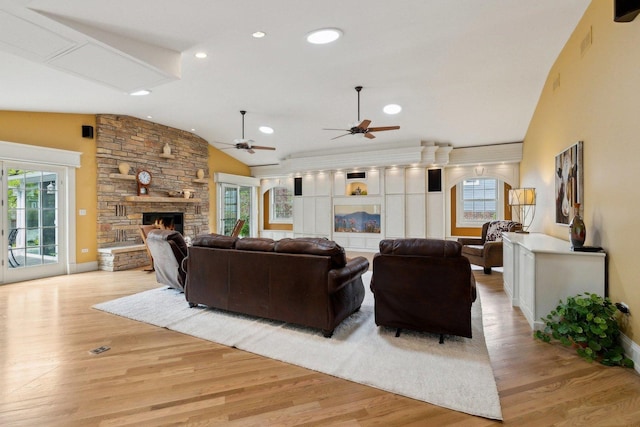 1424 Glencoe Ave, Highland Park, IL 60035 - living area with lofted ceiling, a fireplace, light wood-type flooring, ceiling fan, and baseboards