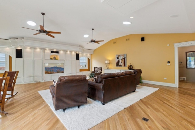 1424 Glencoe Ave, Highland Park, IL 60035 - living area with vaulted ceiling, light wood-style flooring, ceiling fan, and recessed lighting