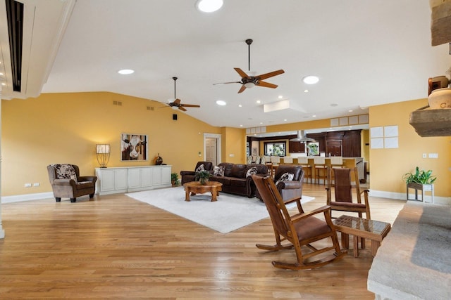 1424 Glencoe Ave, Highland Park, IL 60035 - living room with lofted ceiling, light wood-type flooring, ceiling fan, baseboards, and recessed lighting