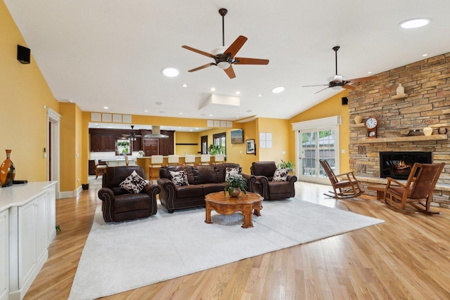 1424 Glencoe Ave, Highland Park, IL 60035 - living area with ceiling fan, light wood-style flooring, a fireplace, and lofted ceiling