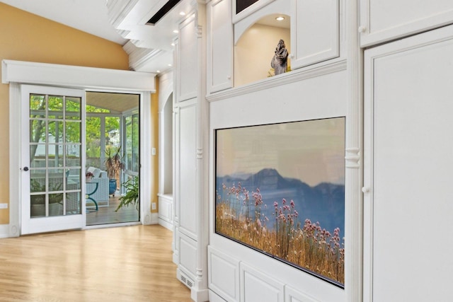 1424 Glencoe Ave, Highland Park, IL 60035 - doorway to outside with light wood-style flooring and vaulted ceiling