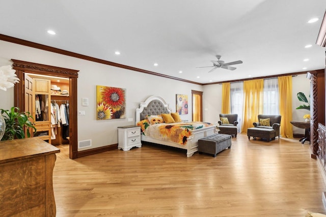 1424 Glencoe Ave, Highland Park, IL 60035 - bedroom featuring crown molding, light wood-style floors, recessed lighting, baseboards, and a ceiling fan