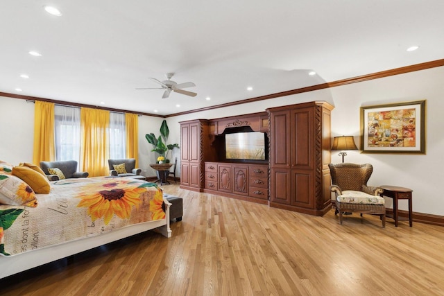 1424 Glencoe Ave, Highland Park, IL 60035 - bedroom with crown molding, light wood-style flooring, recessed lighting, baseboards, and a ceiling fan