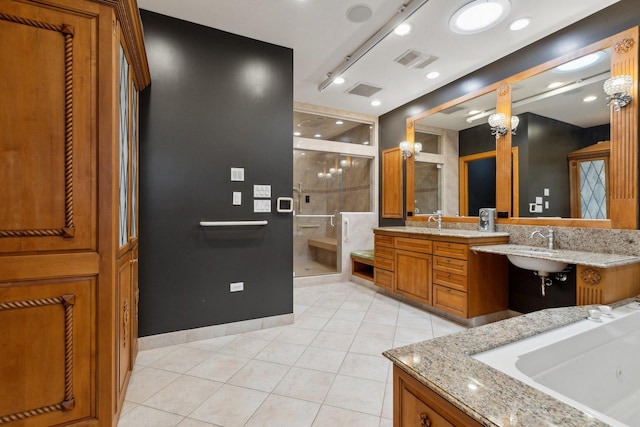 1424 Glencoe Ave, Highland Park, IL 60035 - full bathroom featuring a shower stall, tile patterned flooring, vanity, and a whirlpool tub