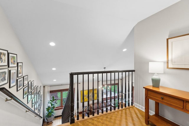 1424 Glencoe Ave, Highland Park, IL 60035 - hall featuring wood finished floors, baseboards, recessed lighting, and lofted ceiling