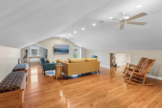1424 Glencoe Ave, Highland Park, IL 60035 - living room with a ceiling fan, light wood-style floors, vaulted ceiling, baseboards, and recessed lighting