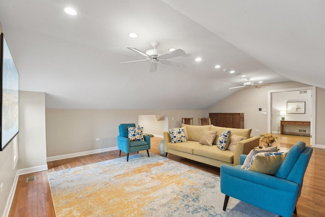 1424 Glencoe Ave, Highland Park, IL 60035 - living area featuring a ceiling fan, lofted ceiling, wood finished floors, baseboards, and recessed lighting