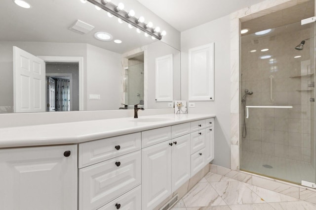 1424 Glencoe Ave, Highland Park, IL 60035 - bathroom featuring vanity, a stall shower, and marble look tiles