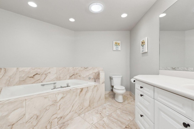 1424 Glencoe Ave, Highland Park, IL 60035 - full bathroom featuring marble look tile flooring, vanity, a garden tub, toilet, and recessed lighting