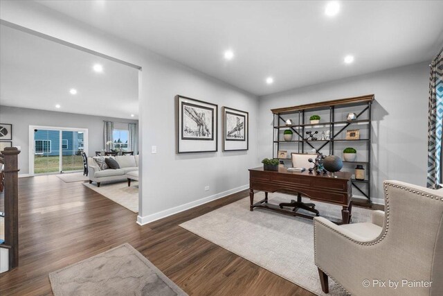 2093 Squire Cir, Yorkville, IL 60560 - home office with baseboards, recessed lighting, and wood finished floors