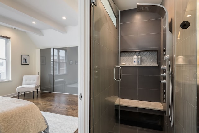 2117 W Dickens Ave, Chicago, IL 60647 - bathroom with a stall shower, wood finished floors, baseboards, and recessed lighting