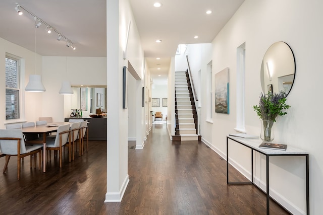 2117 W Dickens Ave, Chicago, IL 60647 - hall featuring dark wood-style floors, stairway, baseboards, and recessed lighting