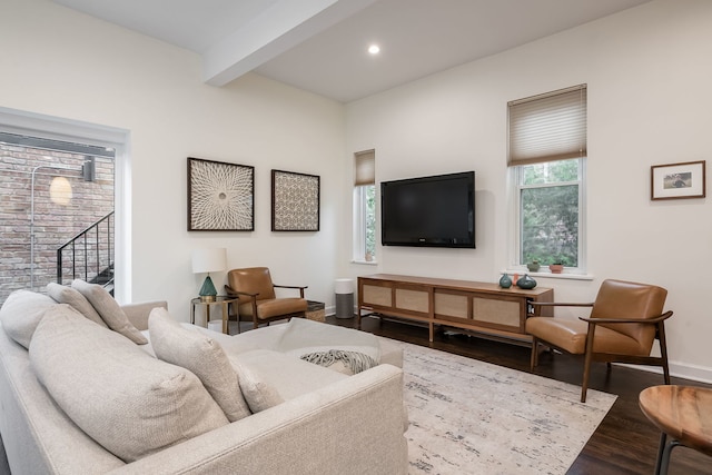 2117 W Dickens Ave, Chicago, IL 60647 - living room featuring beamed ceiling, dark wood-style floors, baseboards, recessed lighting, and stairway