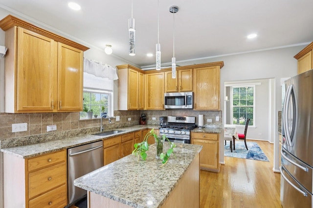 263 Thrush Cir, Lindenhurst, IL 60046 - kitchen featuring stainless steel appliances, a sink, plenty of natural light, light wood-style flooring, and ornamental molding
