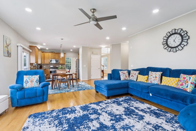 263 Thrush Cir, Lindenhurst, IL 60046 - living room with a ceiling fan, light wood-style floors, recessed lighting, and ornamental molding