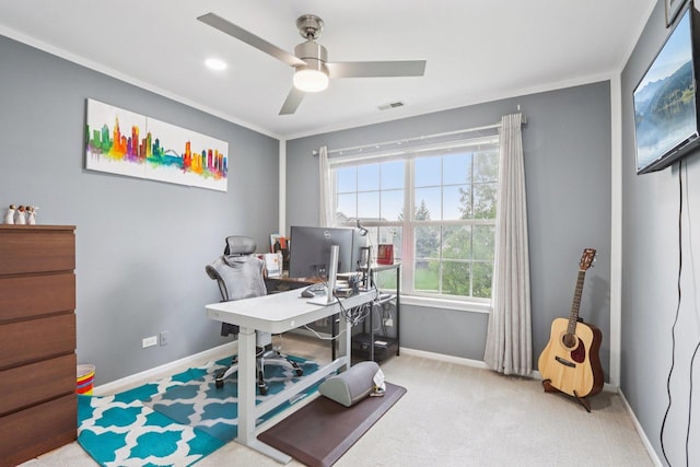 263 Thrush Cir, Lindenhurst, IL 60046 - carpeted home office with baseboards, a ceiling fan, crown molding, and recessed lighting