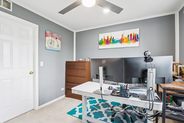 263 Thrush Cir, Lindenhurst, IL 60046 - carpeted office space featuring ceiling fan, ornamental molding, and baseboards