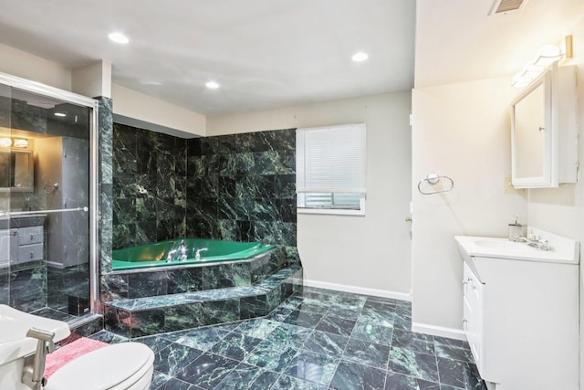 263 Thrush Cir, Lindenhurst, IL 60046 - bathroom featuring vanity, marble look tile flooring, a bath, baseboards, and recessed lighting