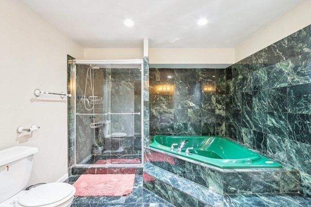 263 Thrush Cir, Lindenhurst, IL 60046 - full bathroom with toilet, a bath, a stall shower, recessed lighting, and marble finish floors