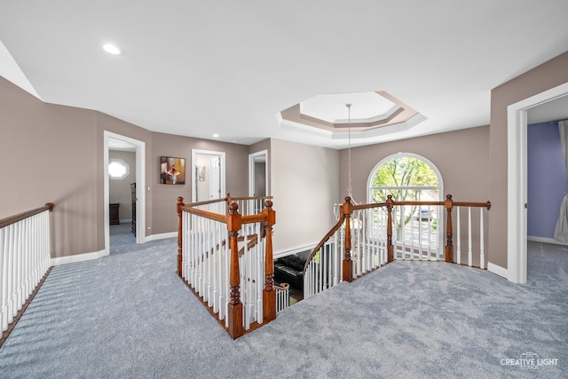2417 Wentworth Ln, Aurora, IL 60502 - hallway with an upstairs landing, carpet floors, baseboards, and recessed lighting