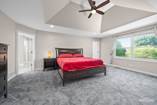 2417 Wentworth Ln, Aurora, IL 60502 - bedroom featuring carpet flooring, recessed lighting, baseboards, lofted ceiling, and ceiling fan