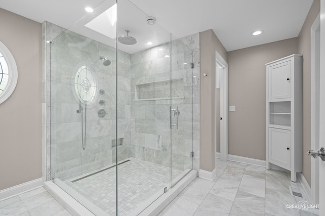 2417 Wentworth Ln, Aurora, IL 60502 - full bath featuring a shower stall, marble finish flooring, baseboards, and recessed lighting