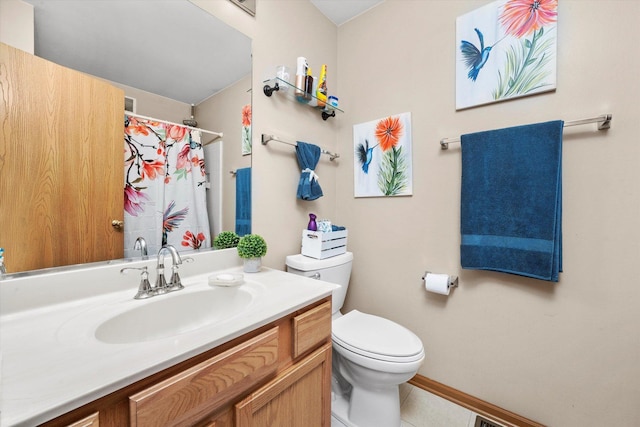 46 Harmony Ln, Romeoville, IL 60446 - bathroom featuring toilet, vanity, a shower with shower curtain, baseboards, and tile patterned flooring