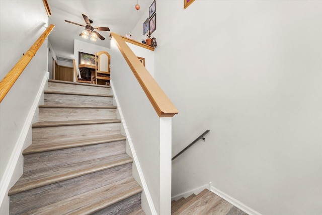 46 Harmony Ln, Romeoville, IL 60446 - stairway with wood finished floors, a ceiling fan, and baseboards