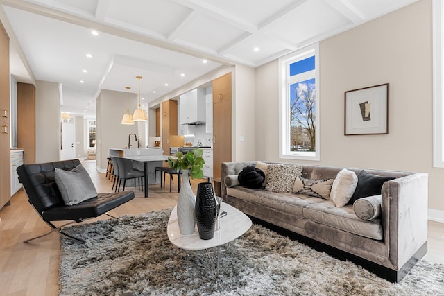 1636 W Wolfram St, Chicago, IL 60657 - living room with light wood-style floors, coffered ceiling, recessed lighting, beamed ceiling, and baseboards